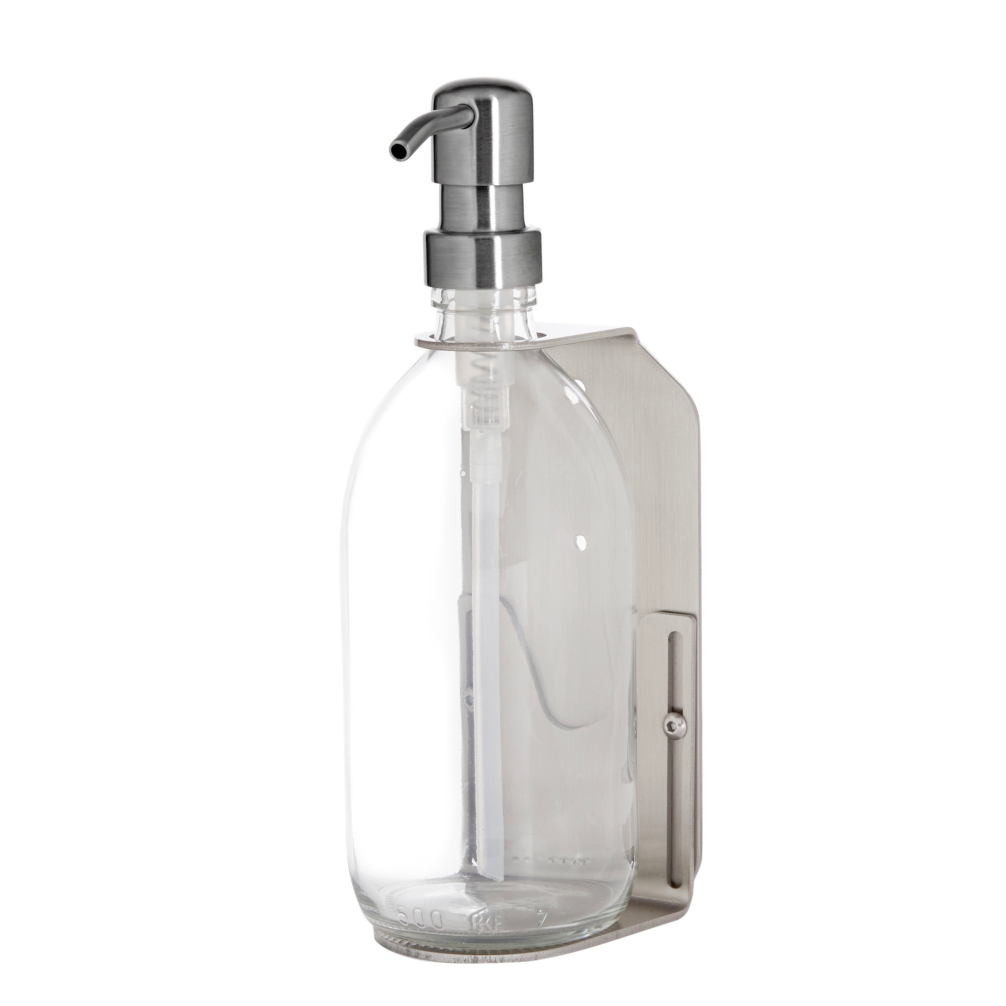 Satin Silver Wall mounted soap Dispenser with clear dispenser and matching silver pump