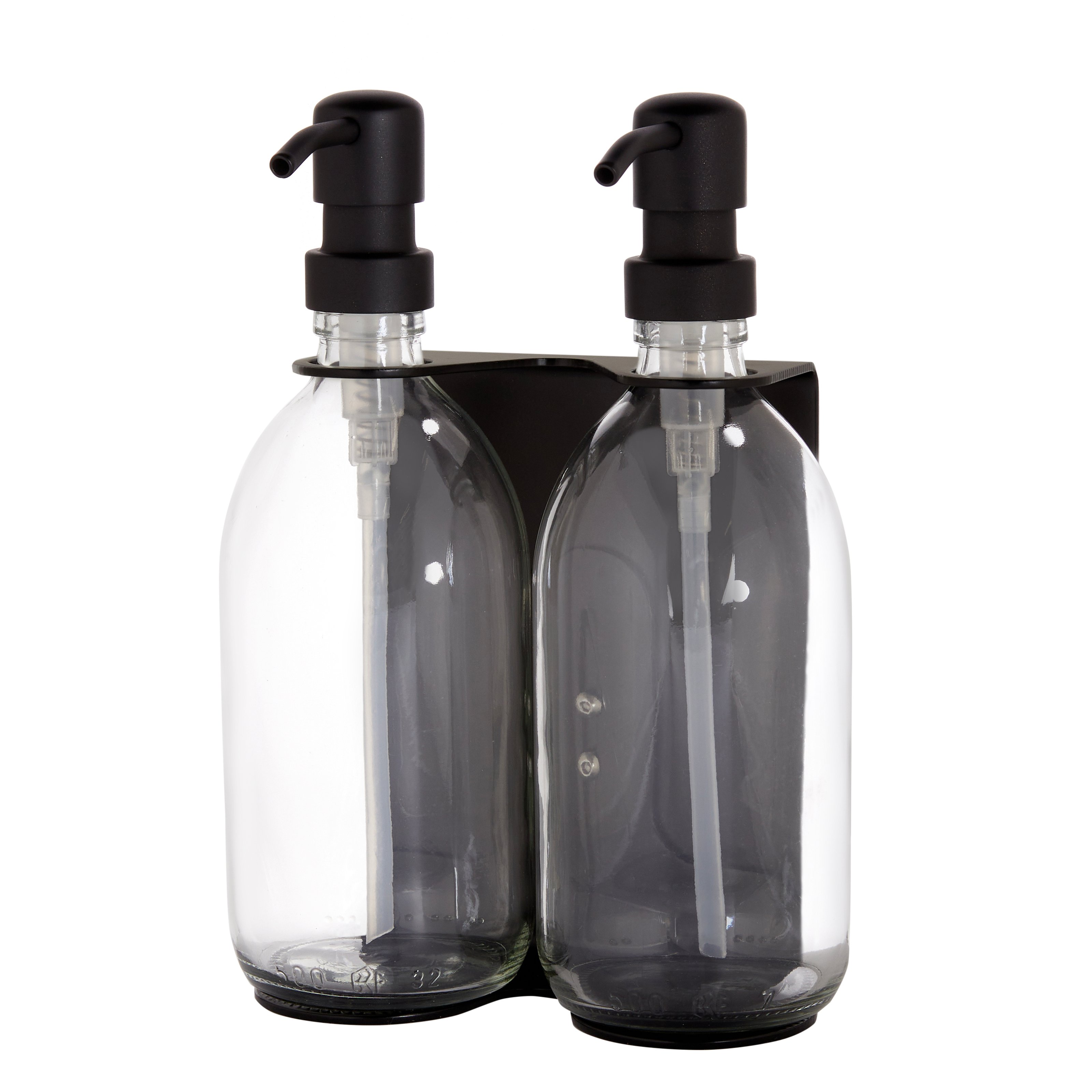 Black wall mounted holder with clear transparent bottles and black metal pumps