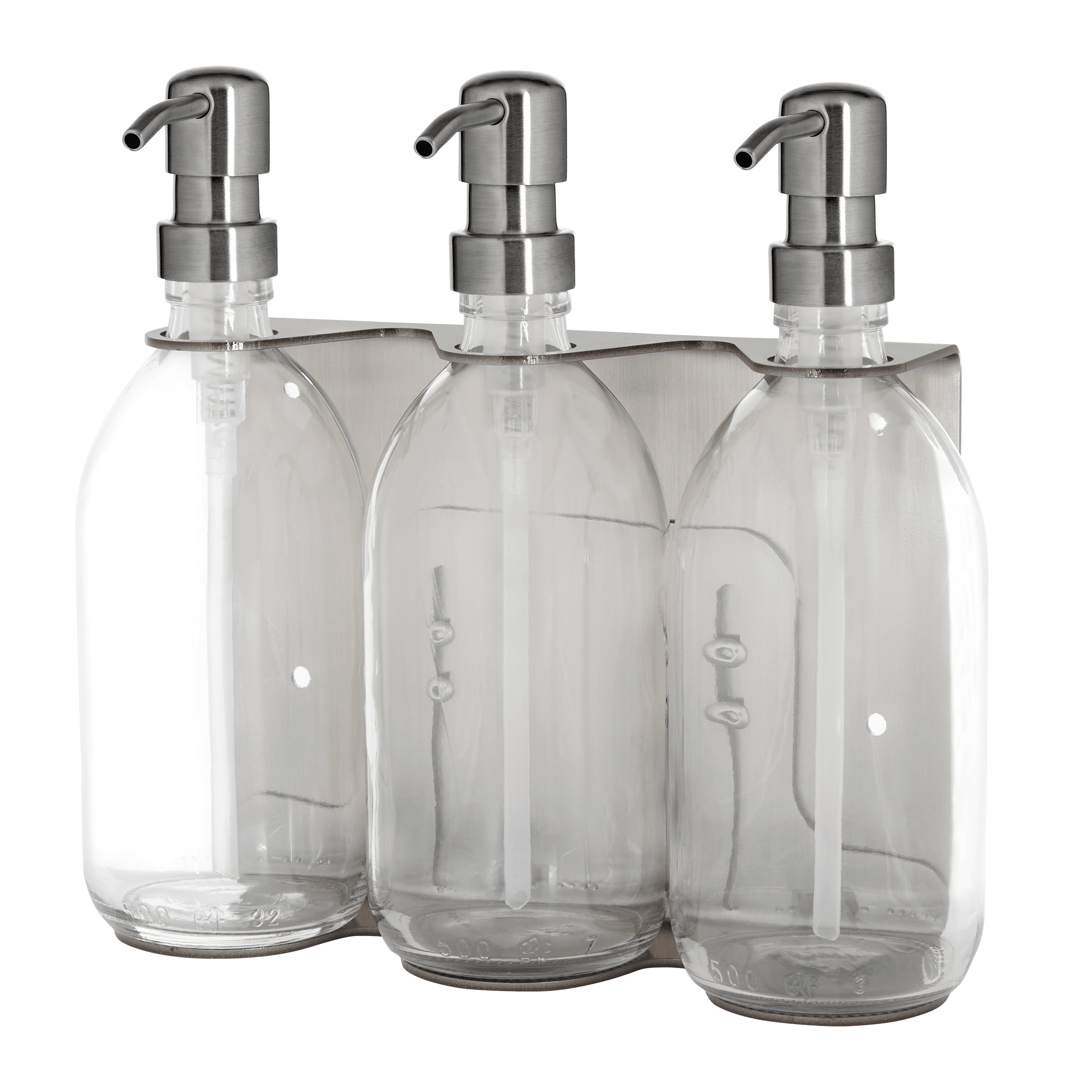 Soporte de pared triple plata satinada con botellas transparentes con bombas de metal plateado