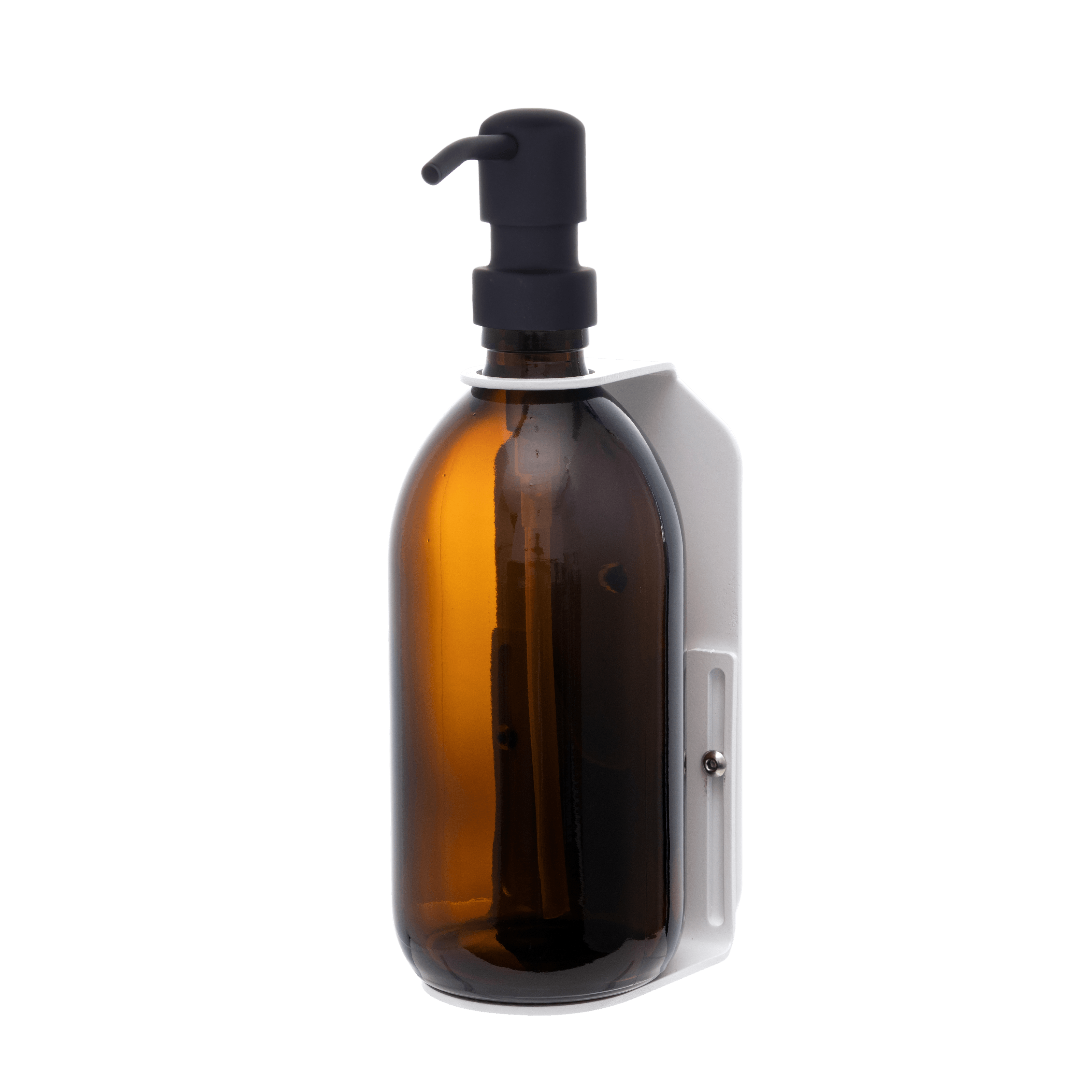 White Single Wall mounted Holder with 500ml Amber Bottles and Black Pump