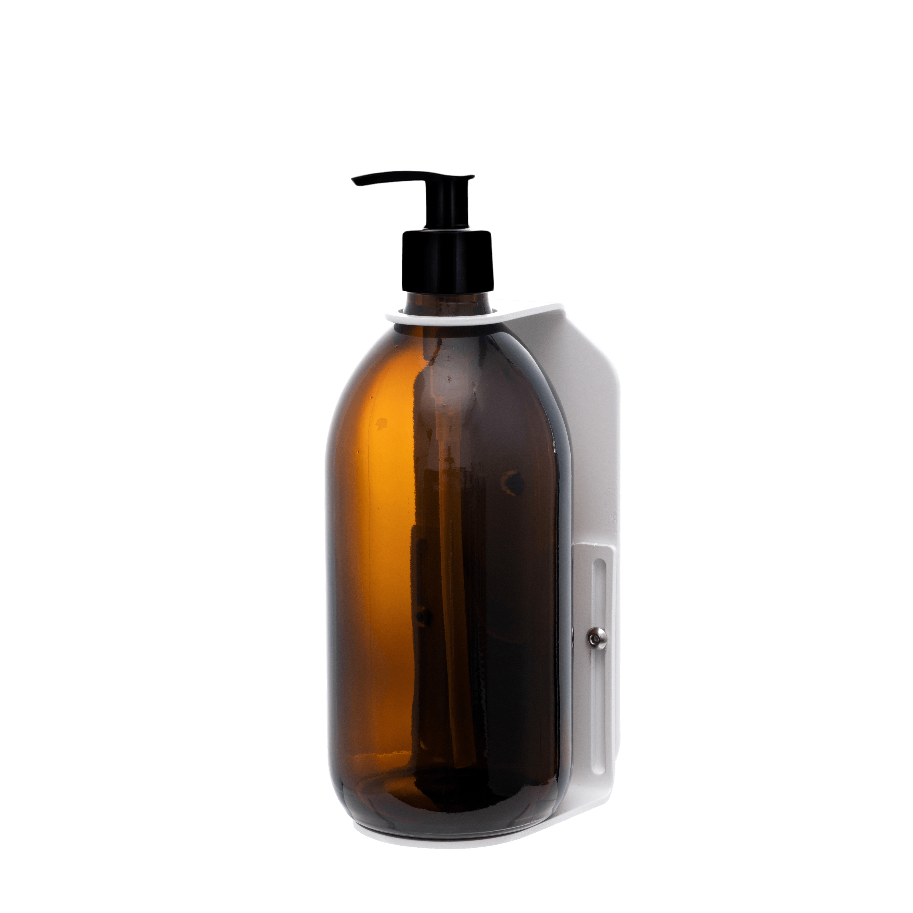 White Single Wall mounted Holder with 500ml Amber Bottles and Black Plastic Pump