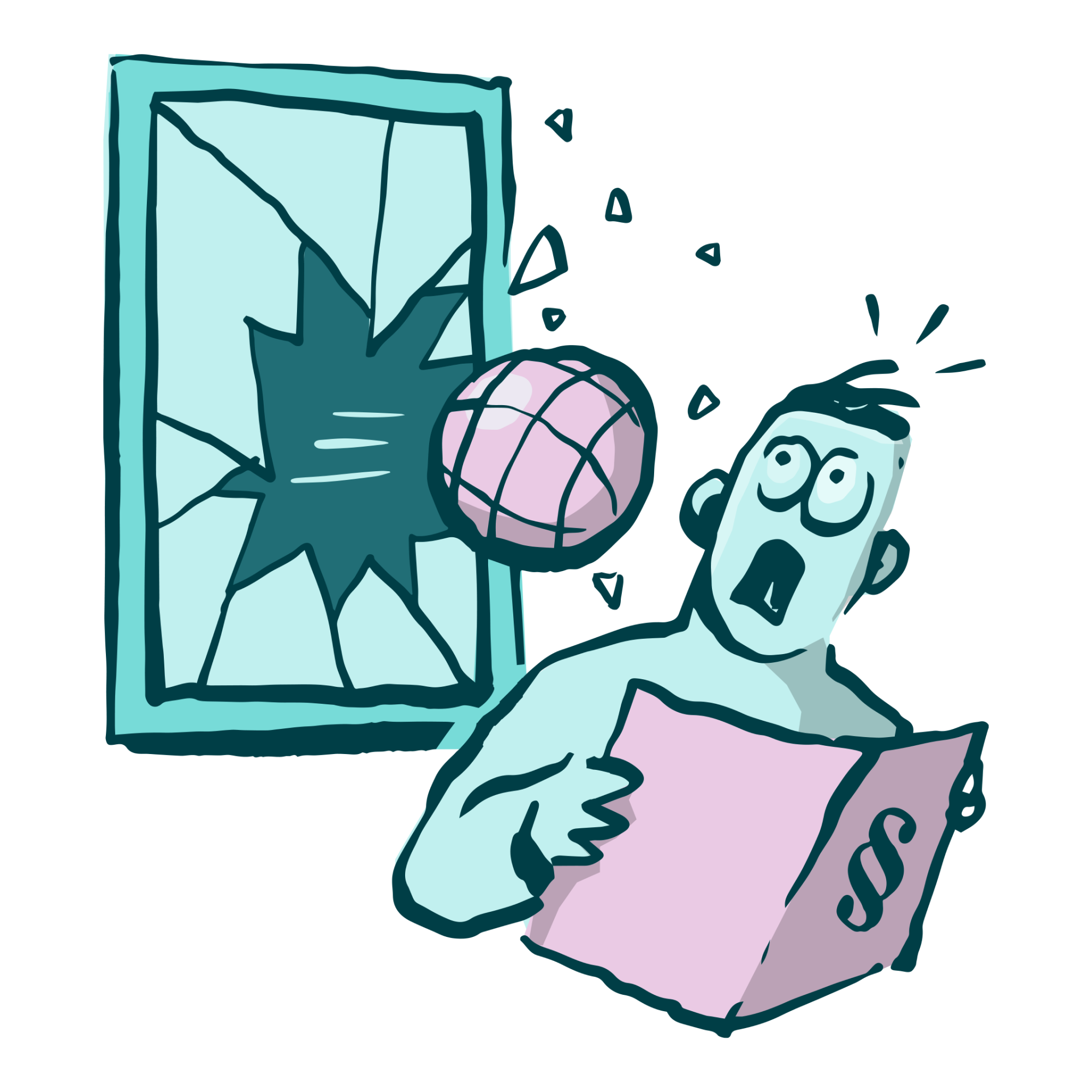 Illustrasjon for produktet Kunne Erstatningsrett. Spesifisert med med at en ball kommer gjennom vindu til en som leer juss og rettsvitenskap.