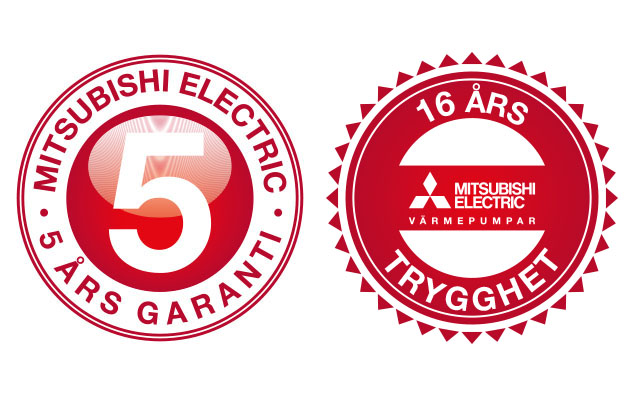 Två röda märken med texten 'Mitsubishi Electric 5 års garanti' och '16 års trygghet'. Mitsubishi Electric erbjuder långvarig garanti och trygghet för sina värmepumpar.