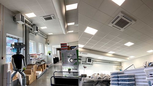 Insida av en ventilationsbutik med lagerhyllor fyllda med produkter och synliga ventilationsenheter i taket. Ventilationsgrossisten Nordic AB är en leverantör av ventilationslösningar med butik, lager och kontor under samma tak i Västberga, Stockholm.