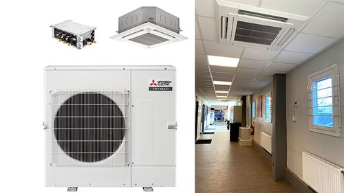 En Mitsubishi Electric CityMulti VRF-enhet tillsammans med olika komponenter och ett kontorskorridor med installerade takaggregat. Lösningen är framtagen för att erbjuda en kostnadseffektiv och smidig klimatkontroll i samarbete med Ventilationsgrossisten och Kylmästarna.