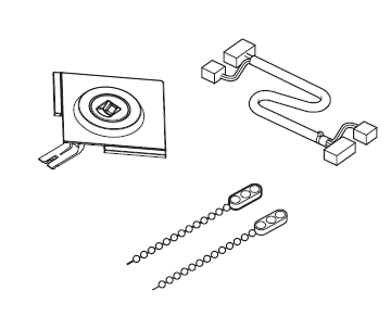 Mitsubishi Electric HVAC-komponenter visas i en teknisk illustration, inklusive anslutningskablar, fästen och monteringskedjor, vilka används för installation och säker fastsättning av klimatanläggningsenheter i olika miljöer.