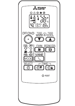 En detaljerad illustration av en Mitsubishi Electric fjärrkontroll för luftkonditionering, med knappar och display för att justera temperatur, fläkthastighet och driftslägen.