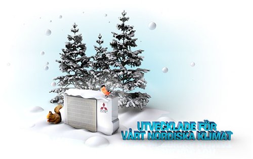 Illustration av Mitsubishi Electric utomhusenhet täckt av snö med vinterträd i bakgrunden. Texten "Utvecklade för vårt nordiska klimat" betonar enhetens anpassning till kalla förhållanden.