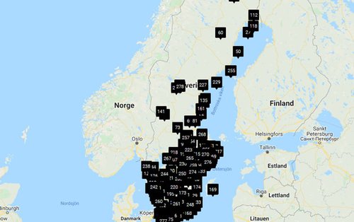 Karta över Sverige och delar av Norge, Finland och Baltikum, med markeringar för Mitsubishi Electric-återförsäljare. Texten uppmuntrar att boka in service för att förlänga livslängden och förbättra effektiviteten på värmepumpen.