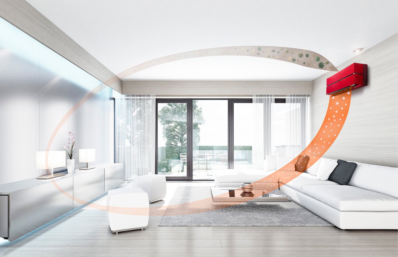 En illustration som visar Mitsubishi Electrics värmepump Hero med luftkonditionering som renar luften i ett modernt vardagsrum. HERO-enheten använder sitt avancerade Plasma Quad Plus-filter för att effektivt ta bort odörer, damm, mögel, pollen, bakterier och virus.