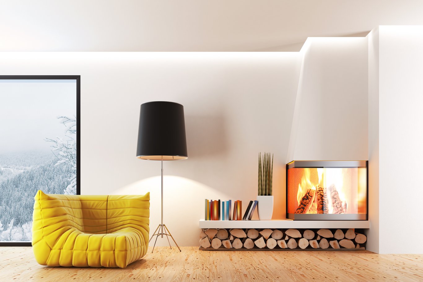 Ett modernt vardagsrum med en gul fåtölj, svart lampa och brinnande kamin. Mitsubishi Electric luft-luftvärmepumpar förbättrar inomhusluften genom effektiva filter som tar bort upp till 99 procent av bakterier, virus och damm. Dålig luftkvalitet inomhus kan bero på matlagning, stearinljus, och byggmaterial som avger skadliga kemikalier.