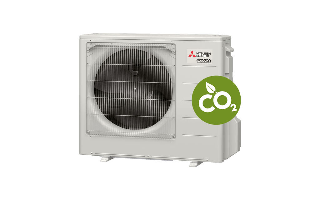 Mitsubishi Electric Ecodan utomhusenhet för värmepump, med robust fläkt och energieffektiv design. Den är optimerad för att ge pålitlig uppvärmning i kalla nordiska klimat.