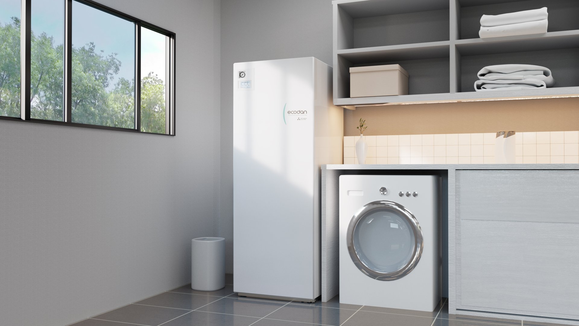 Den nya E-generationen av Ecodan Split, märkt "Made for Scandinavia", står installerad i ett ljust tvättutrymme med moderna materialval. Mitsubishi Electric lanserar denna energieffektiva värmelösning för att möta nordiska behov.