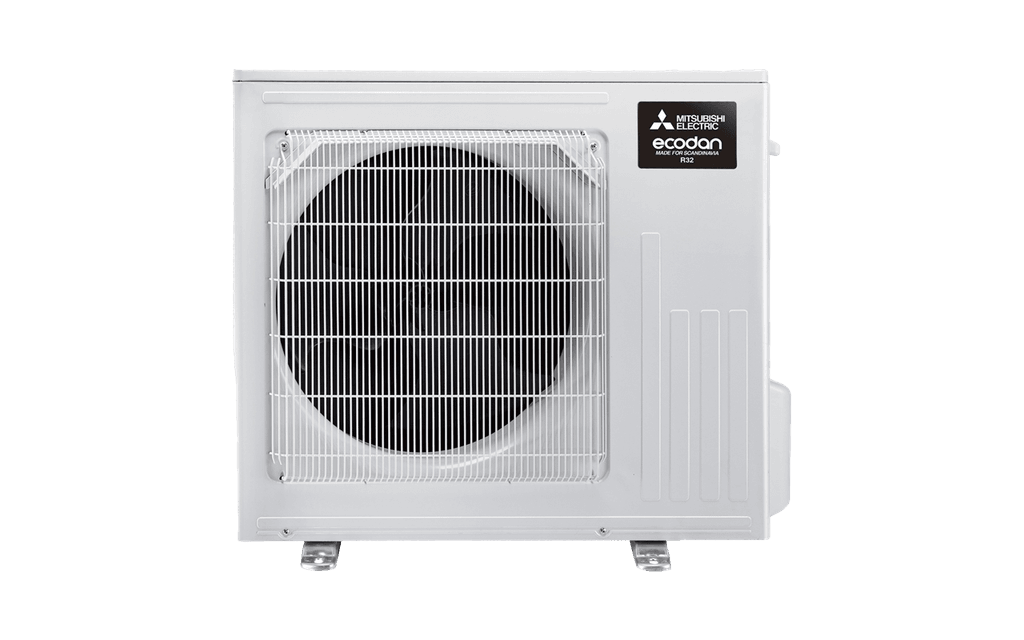 Mitsubishi Electric Ecodan R32 utomhusenhet, designad för Skandinavien. En energieffektiv och tyst värmepump som erbjuder hög prestanda även under kalla vintrar.