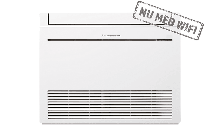 En Mitsubishi Electric golvmodell värmepump i vitt. Enheten är designad för att ge effektiv uppvärmning och kylning, med fokus på energibesparing och anpassning till nordiska klimatförhållanden.