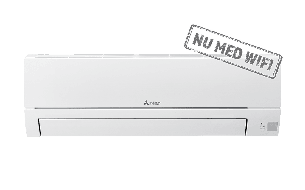 En vit Mitsubishi Electric luftkonditionering med elegant design. Enheten är väggmonterad och ger effektiv kylning och uppvärmning för inomhusklimat.