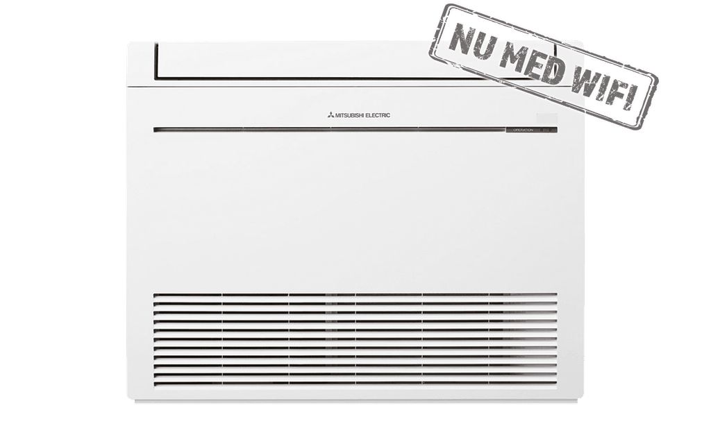 En Mitsubishi Electric golvmodell värmepump i vitt. Enheten är designad för att ge effektiv uppvärmning och kylning, med fokus på energibesparing och anpassning till nordiska klimatförhållanden.