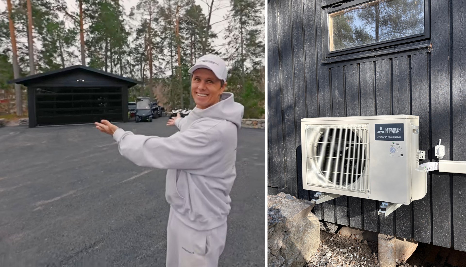 Jon Olsson utanför garget t.v och utomhusdel från Mitsubishi Electric monterad på garagebyggnaden t.h.