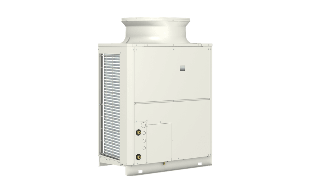 Mitsubishi Electric kylaggregat med vit exteriör, utformat för användning i klimatkontroll och kylsystem. Enheten har en rektangulär form med ventilationsgaller på sidan, avsedd för industriella eller kommersiella applikationer.