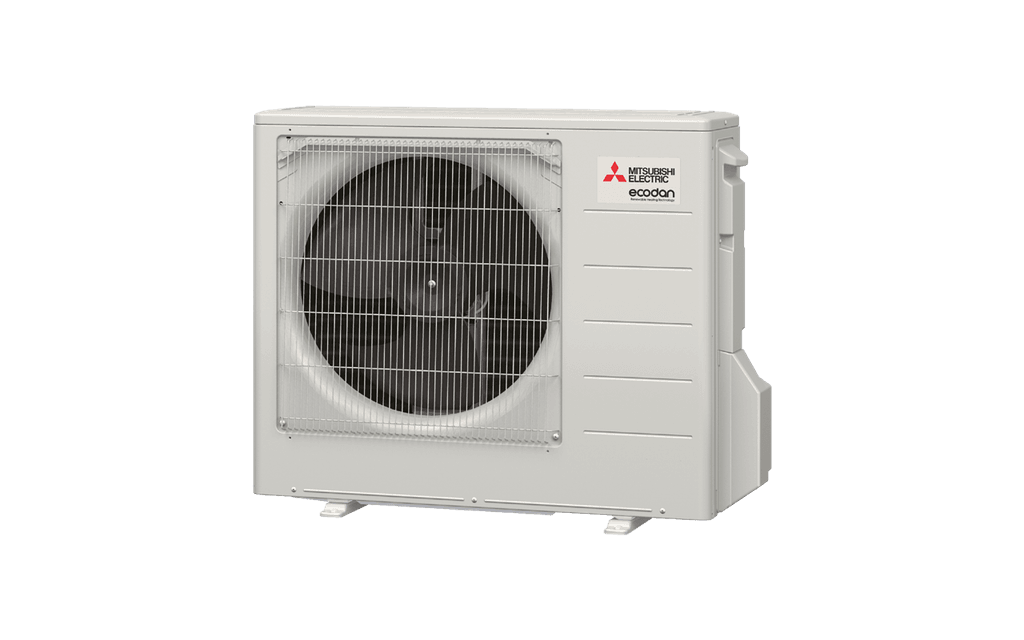 Mitsubishi Electric Ecodan utomhusenhet för värmepump, med robust fläkt och energieffektiv design. Den är optimerad för att ge pålitlig uppvärmning i kalla nordiska klimat.