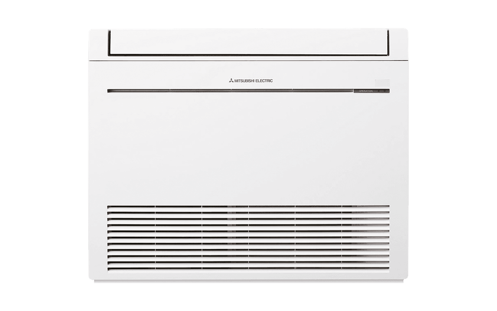 En Mitsubishi Electric golvmodell värmepump i vitt. Enheten är designad för att ge effektiv uppvärmning och kylning, med fokus på energibesparing och anpassning till nordiska klimatförhållanden.