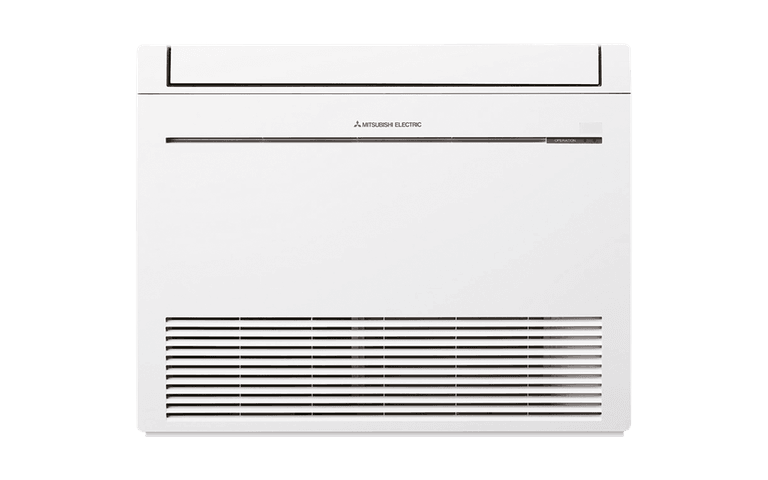 En Mitsubishi Electric golvmodell värmepump i vitt. Enheten är designad för att ge effektiv uppvärmning och kylning, med fokus på energibesparing och anpassning till nordiska klimatförhållanden.