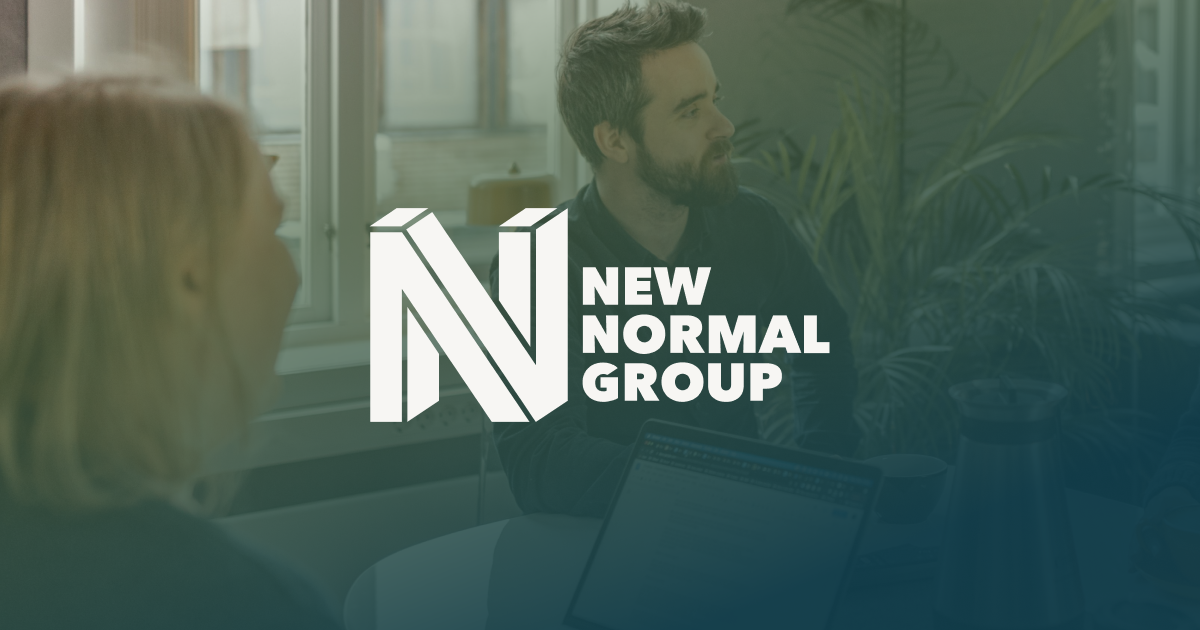 New Normal Group Logo overlaid on people working in the background