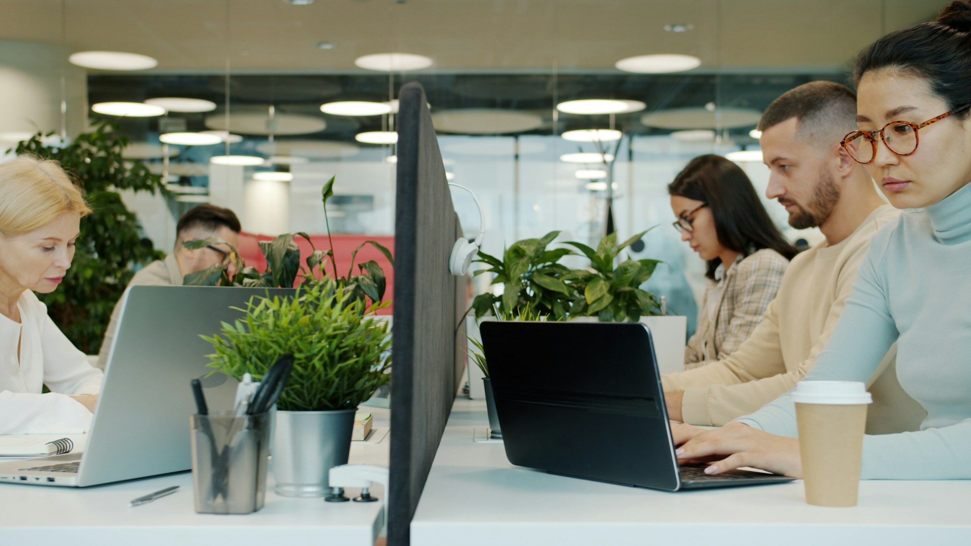 Group of people sitting on laptops in an office environment