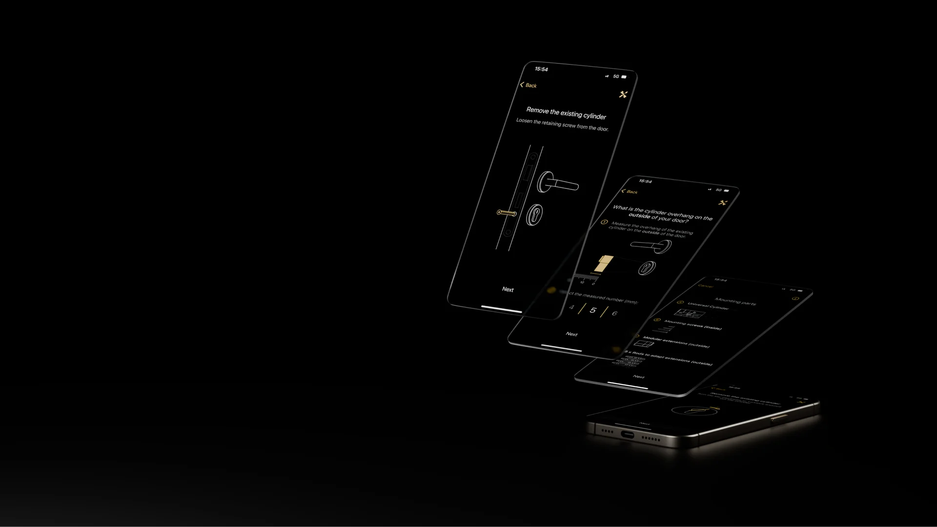 Multiple smartphones showing the Nuki app interface on dark background.