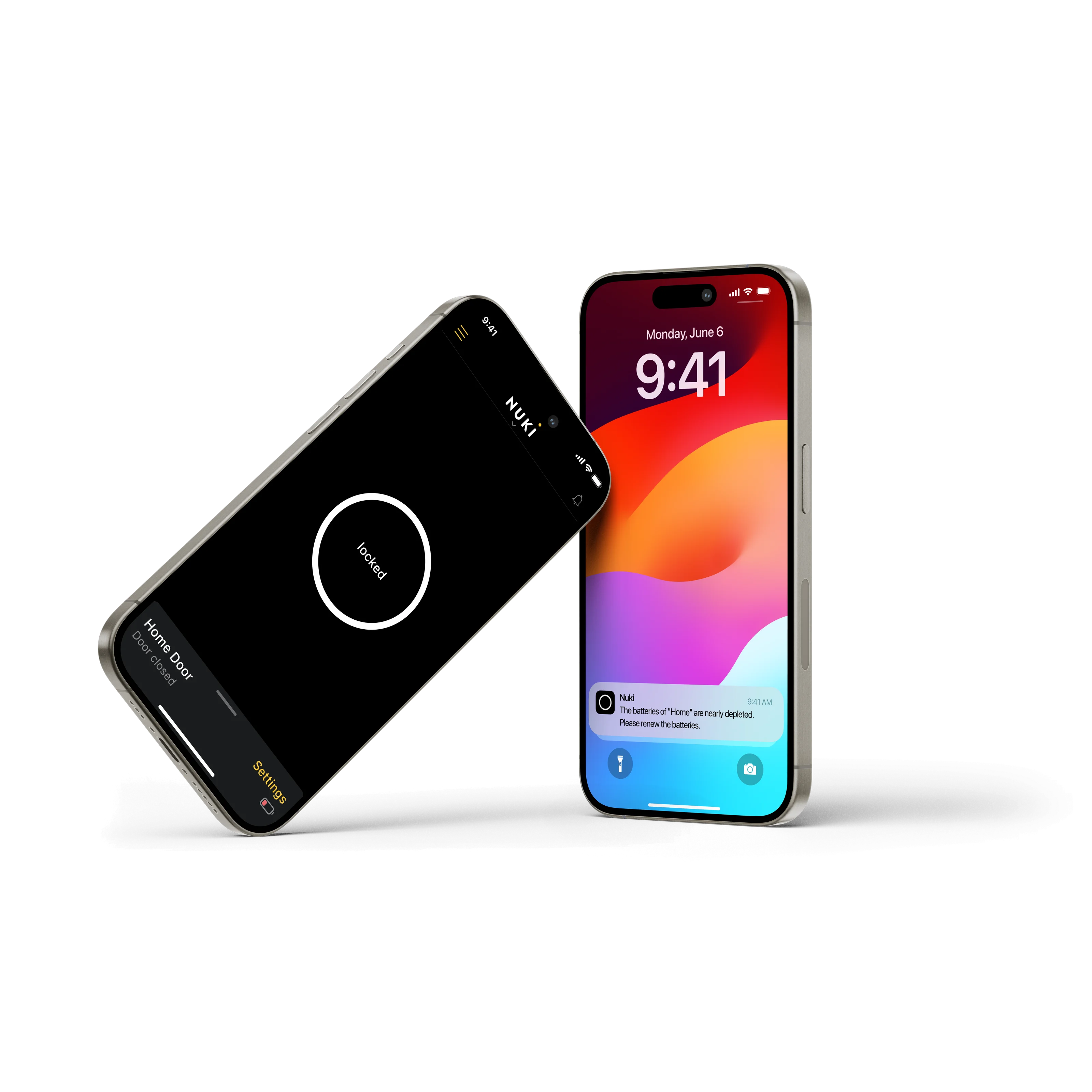 Two smartphones, one with the Nuki app open and one showing a push notification.