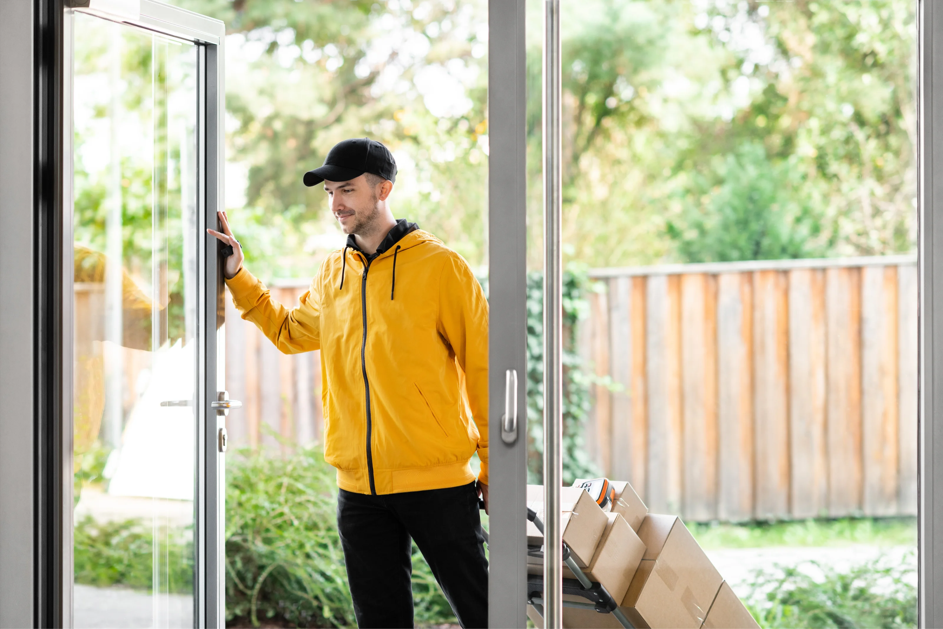 Delivery person in yellow jacket opens a front door, standing next to a cart loaded with parcels.