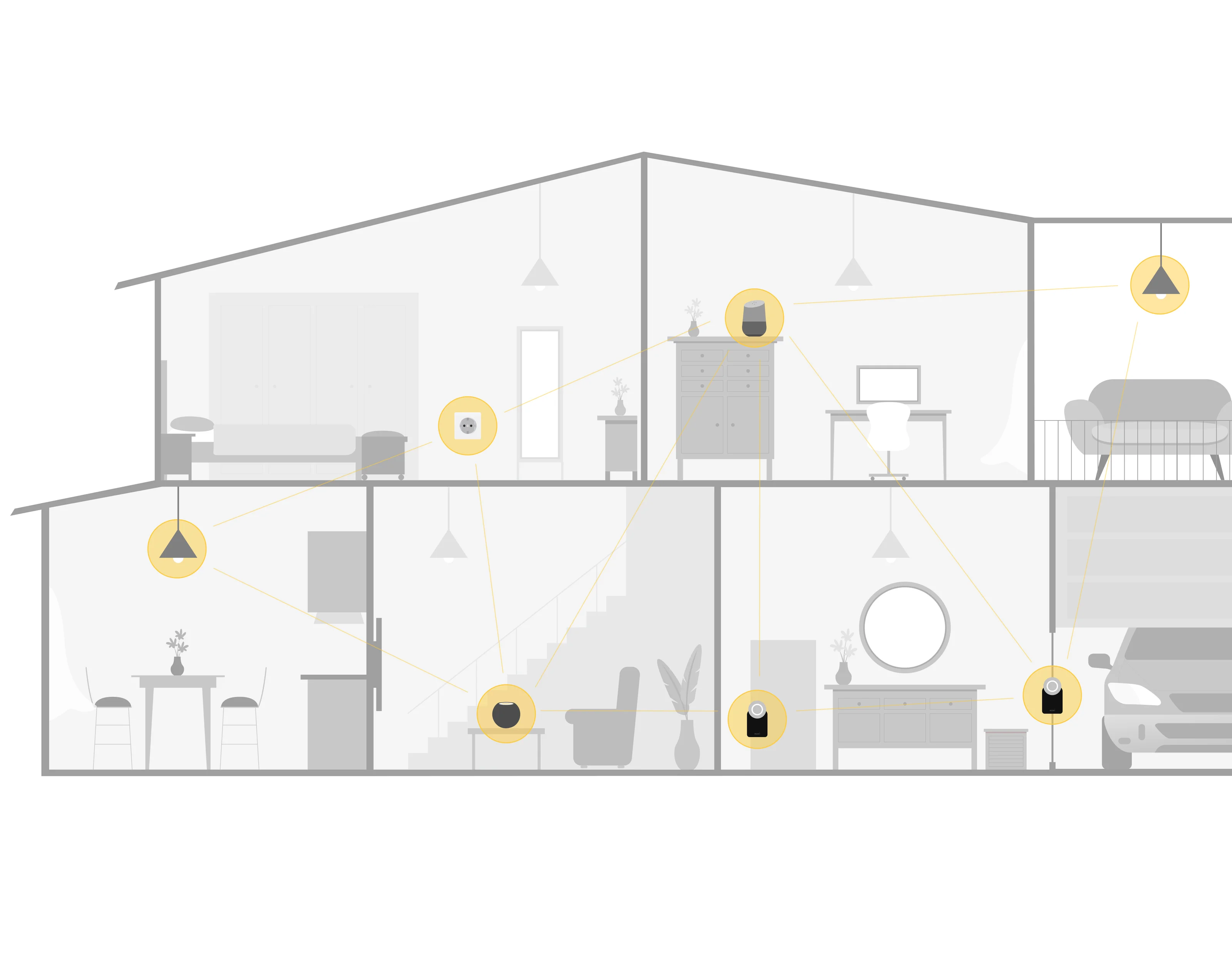 Smart home illustration showing devices like the Nuki Smart Lock, lights, speaker, and sensors across rooms.