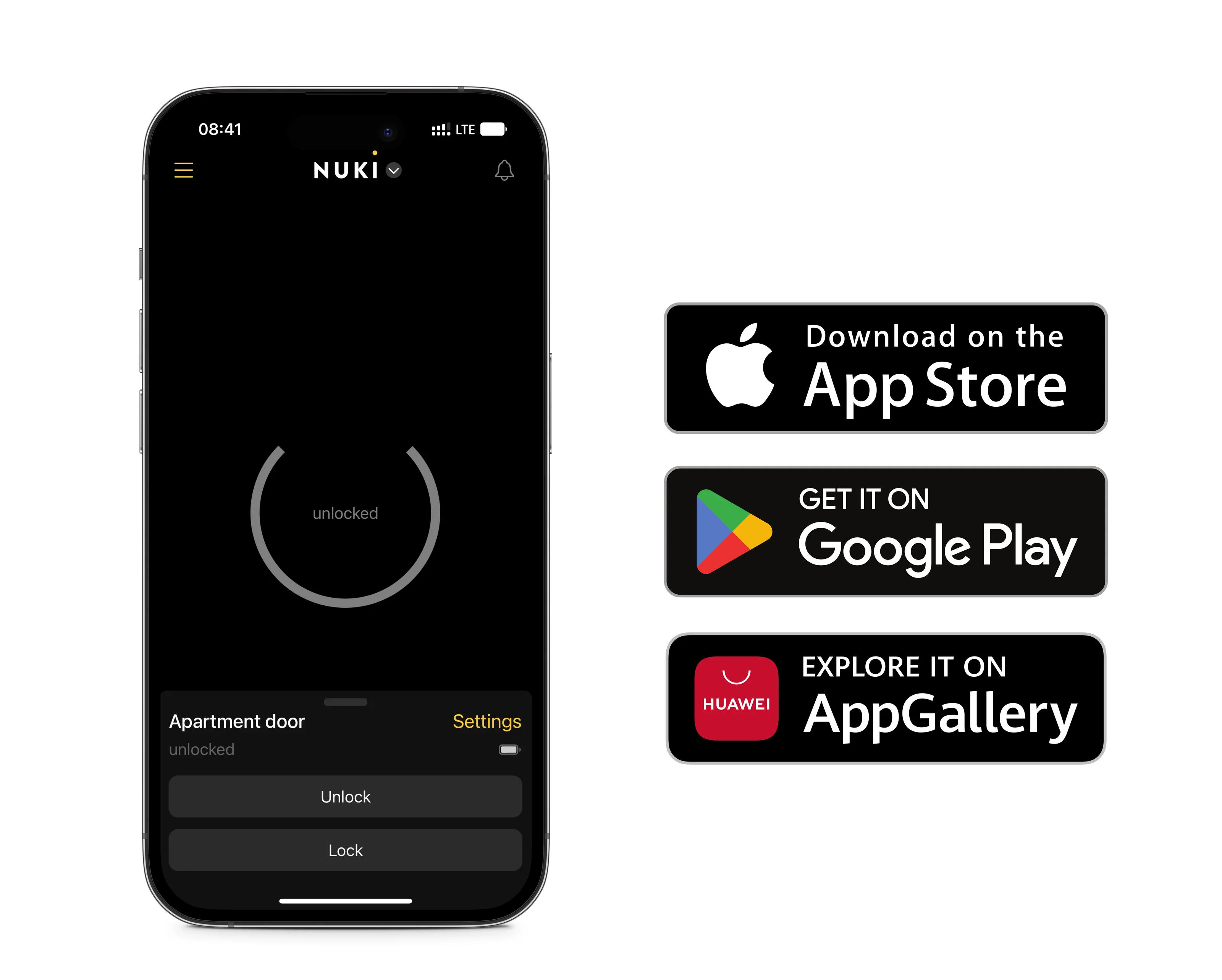 Nuki app interface with download buttons for App Store, Google Play and AppGallery.