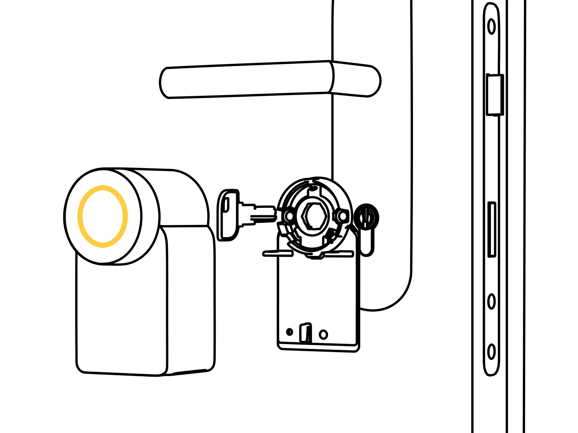 Installation diagram of Nuki Smart Lock Go with mounting plate on the inner side of a door.