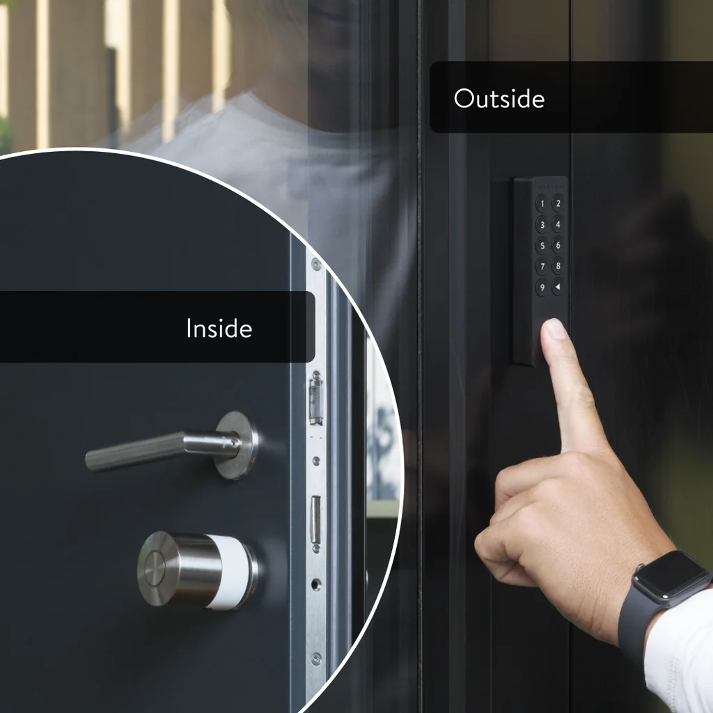 Person enters code on smart keypad; inside view shows smart lock and handle on the door.