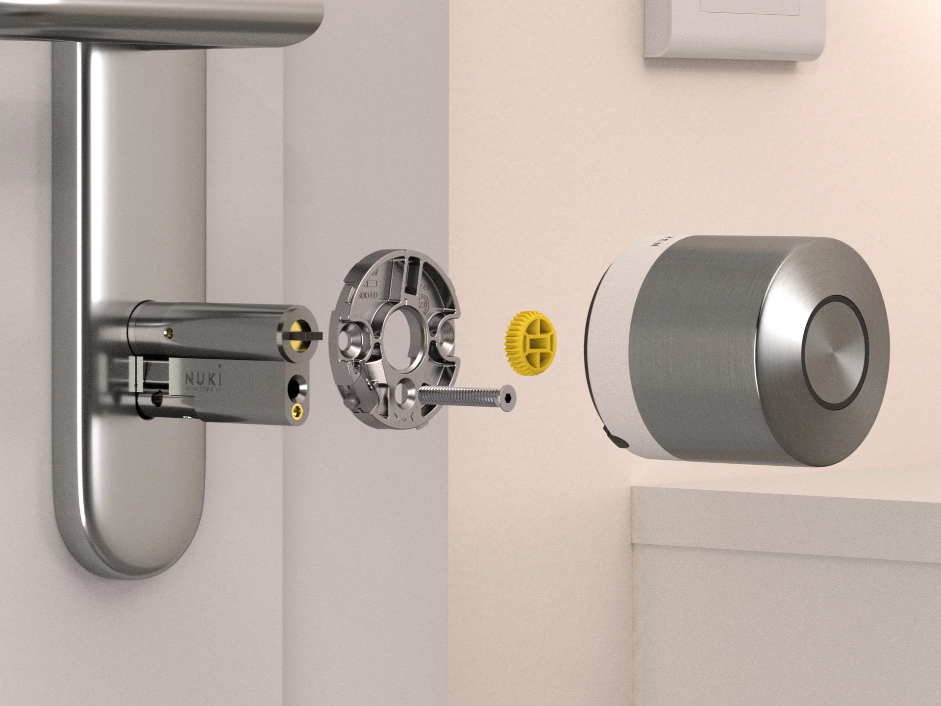 Installation of the Nuki Ultra and the Universal Cylinder on the inside of the door. Door handle, cylinder, mounting plate, adapter and smart lock are visible. 