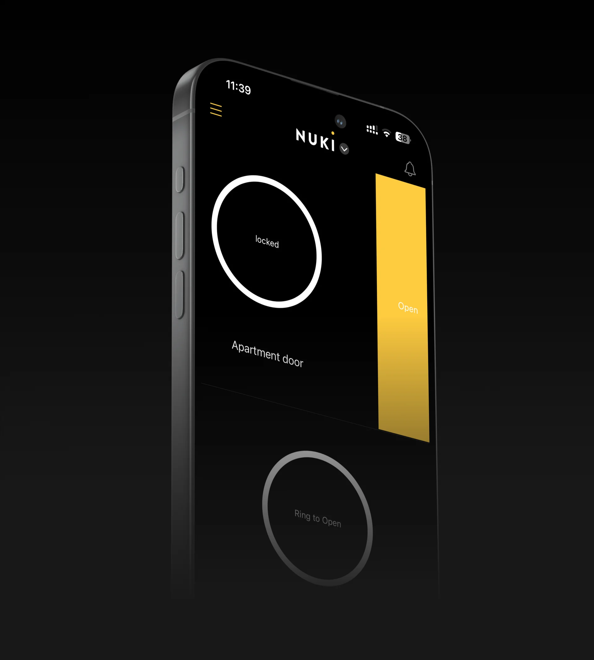 Smartphone screen showing the Nuki app with smart lock status and control options like “Open” and “Ring to Open”.