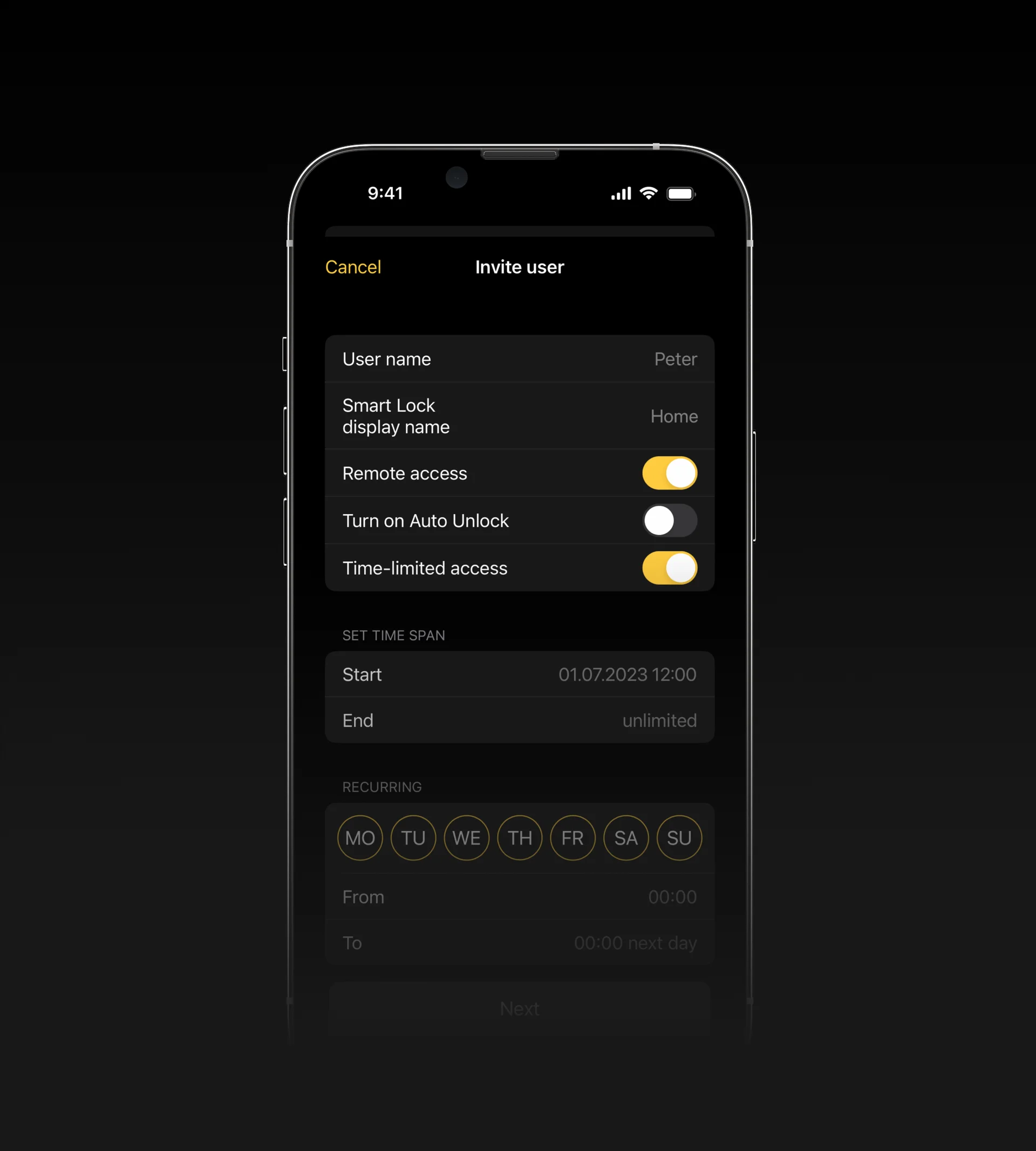 Smartphone screen showing the Nuki app interface for inviting a user and setting access rights and time restrictions.
