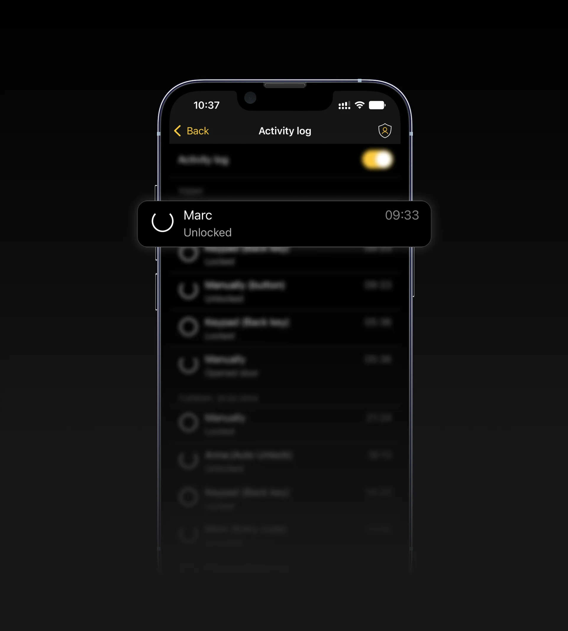 Smartphone screen showing the Nuki app’s activity log with a highlighted entry: Marc unlocked the door at 09:33.