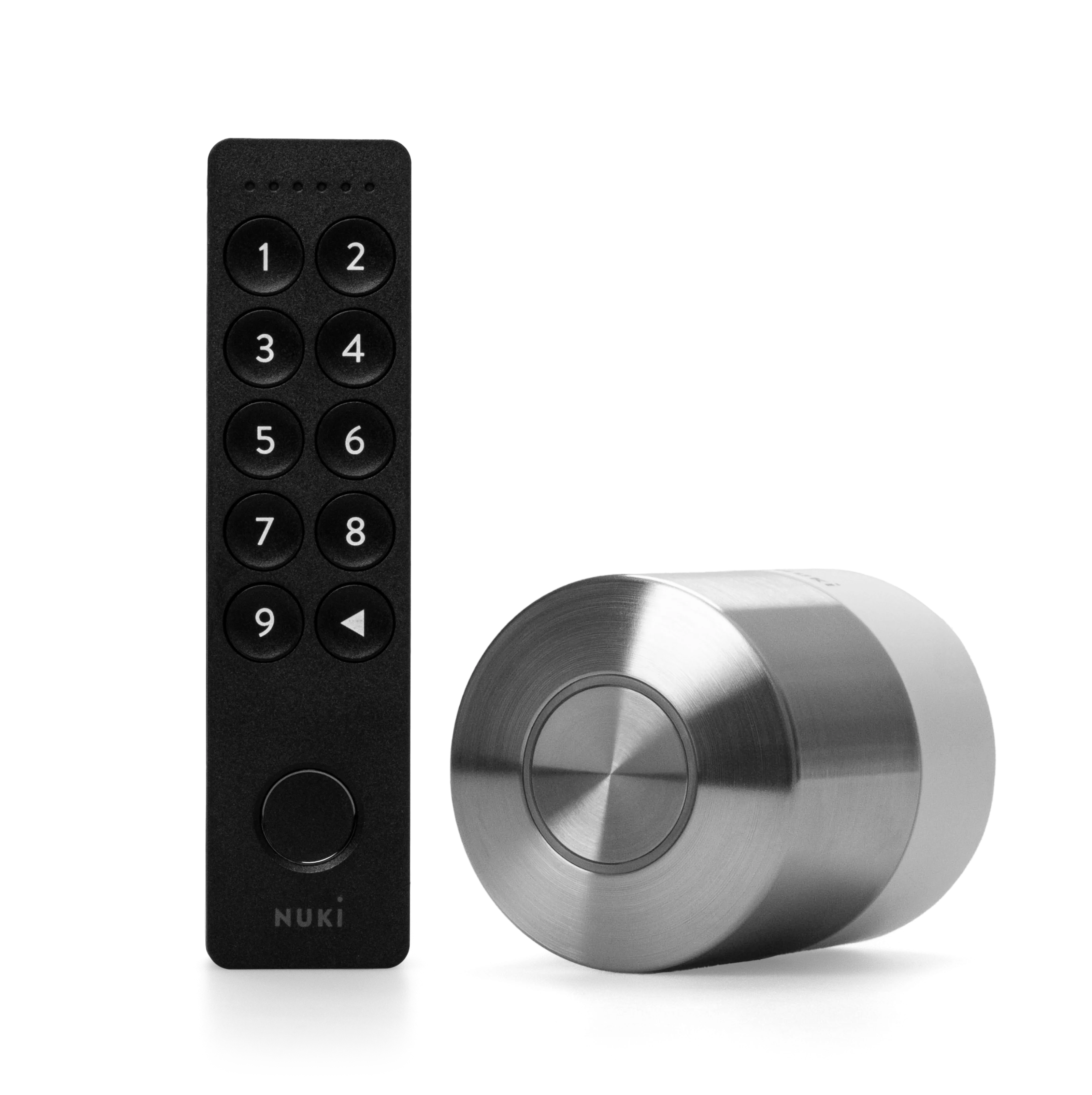 Nuki Home Set Pro with Nuki Keypad 2 and Nuki Smart Lock Pro in stainless steel – premium smart access.