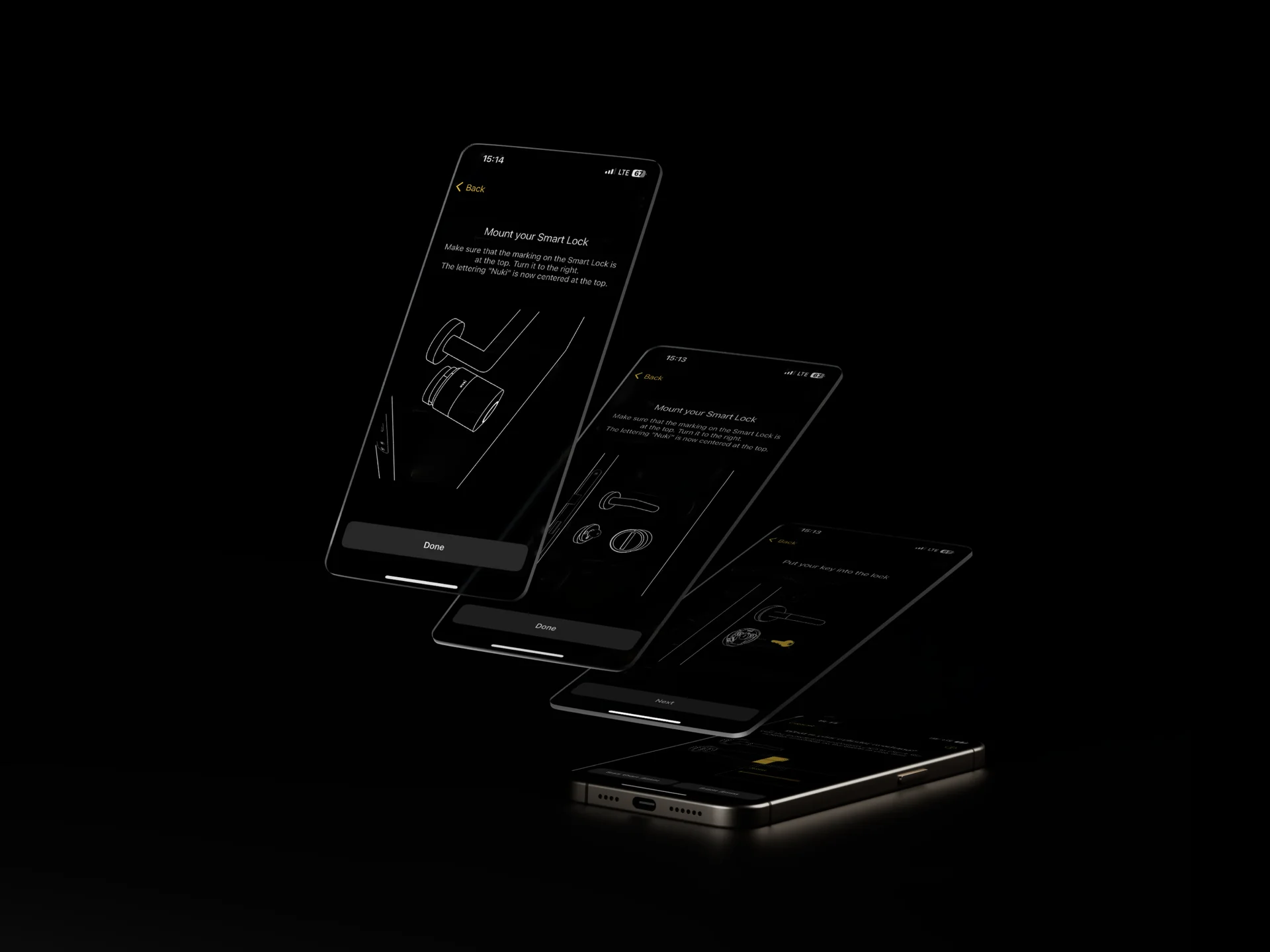 Multiple smartphones displaying the Nuki app guiding users step by step through the smart lock installation process.