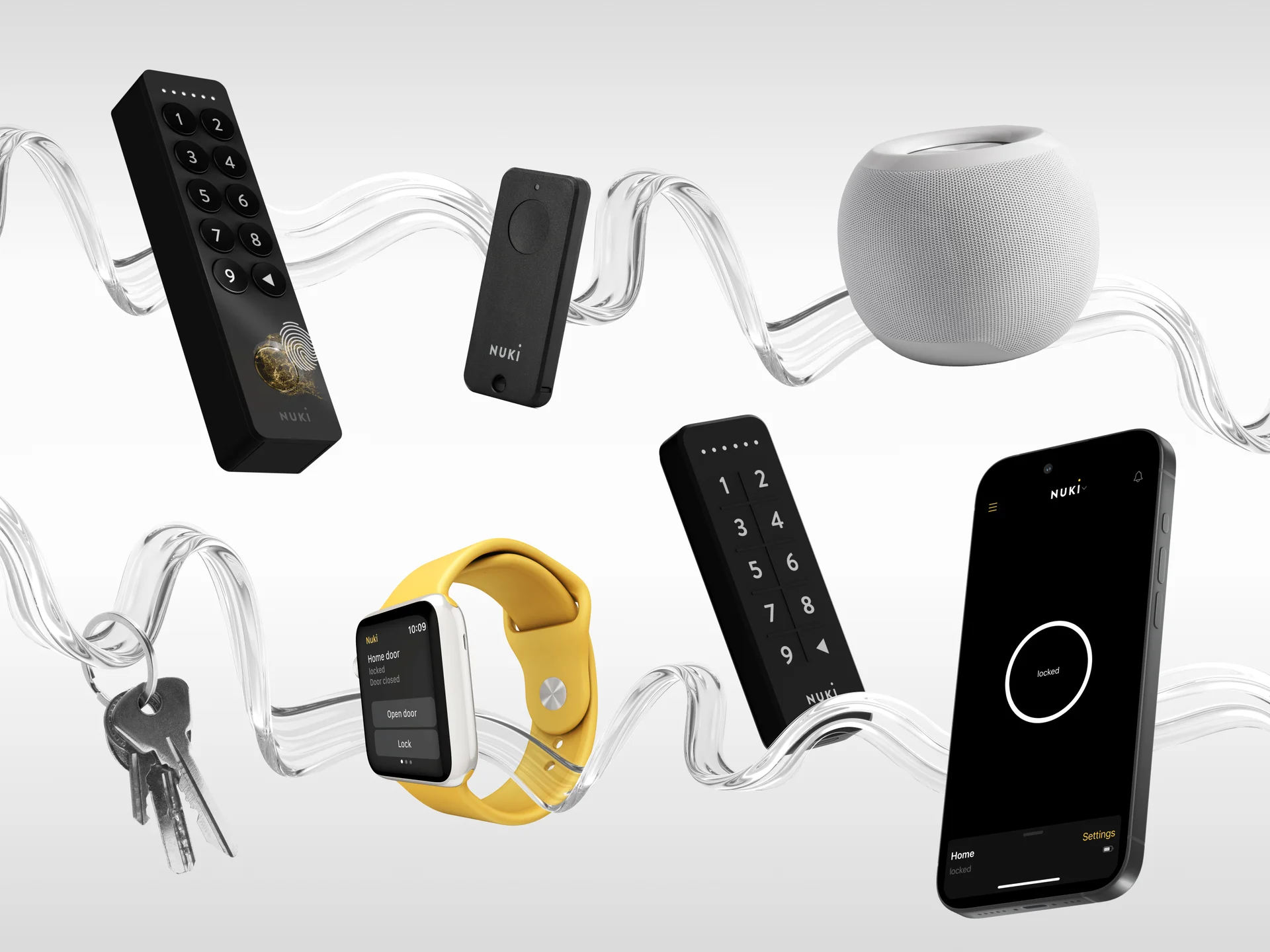 Different smart products for opening doors like keypad, keypad 2, fob, smartphone, home assistant or smartwatch.