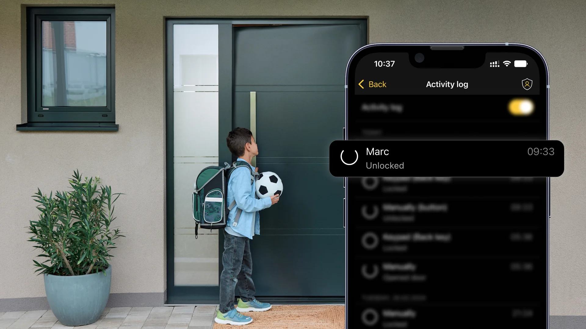 Boy with football waits at front door; app shows door unlocked by Marc.