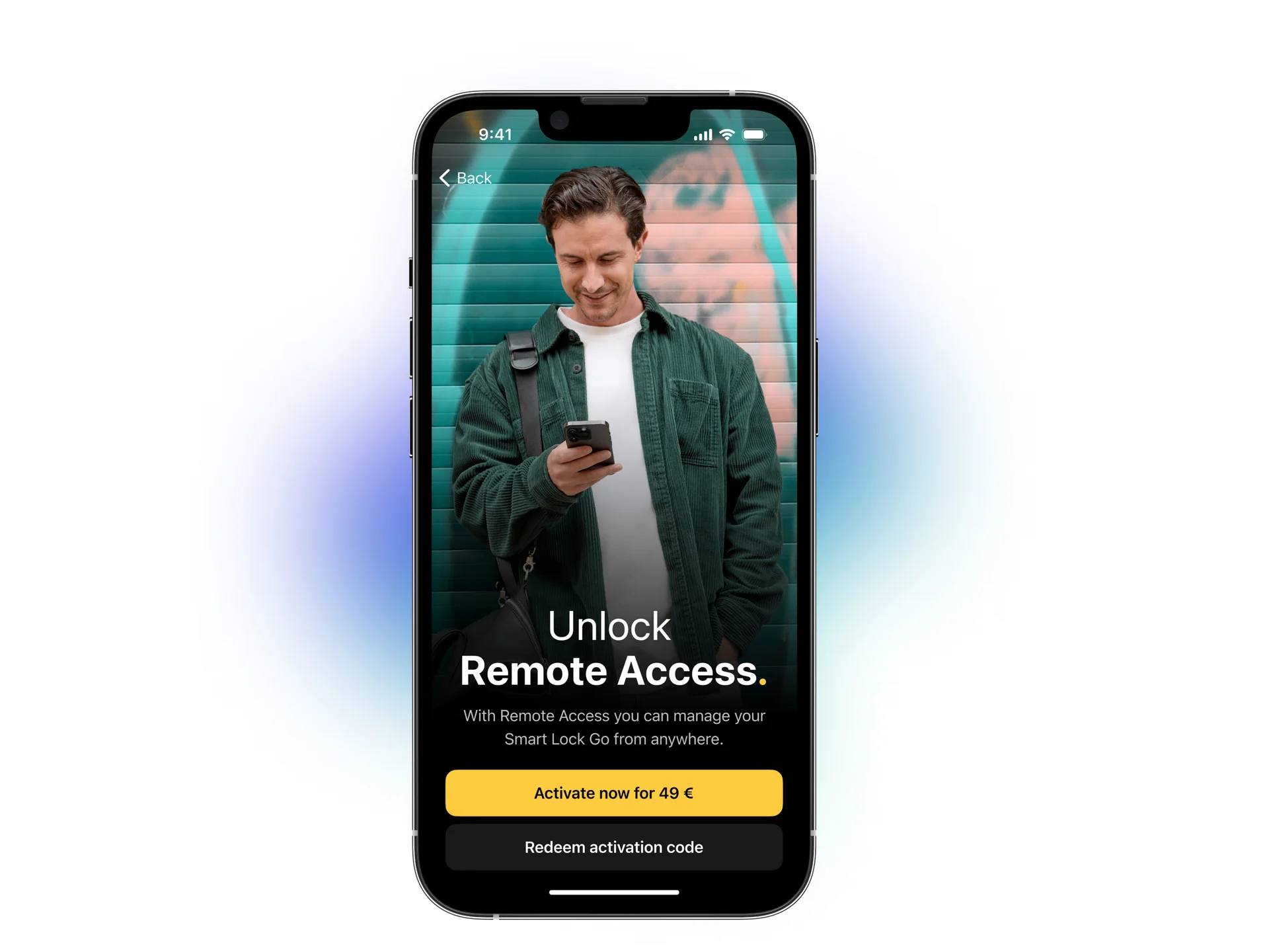Man looks at smartphone; Nuki app shows option to activate Remote Access.