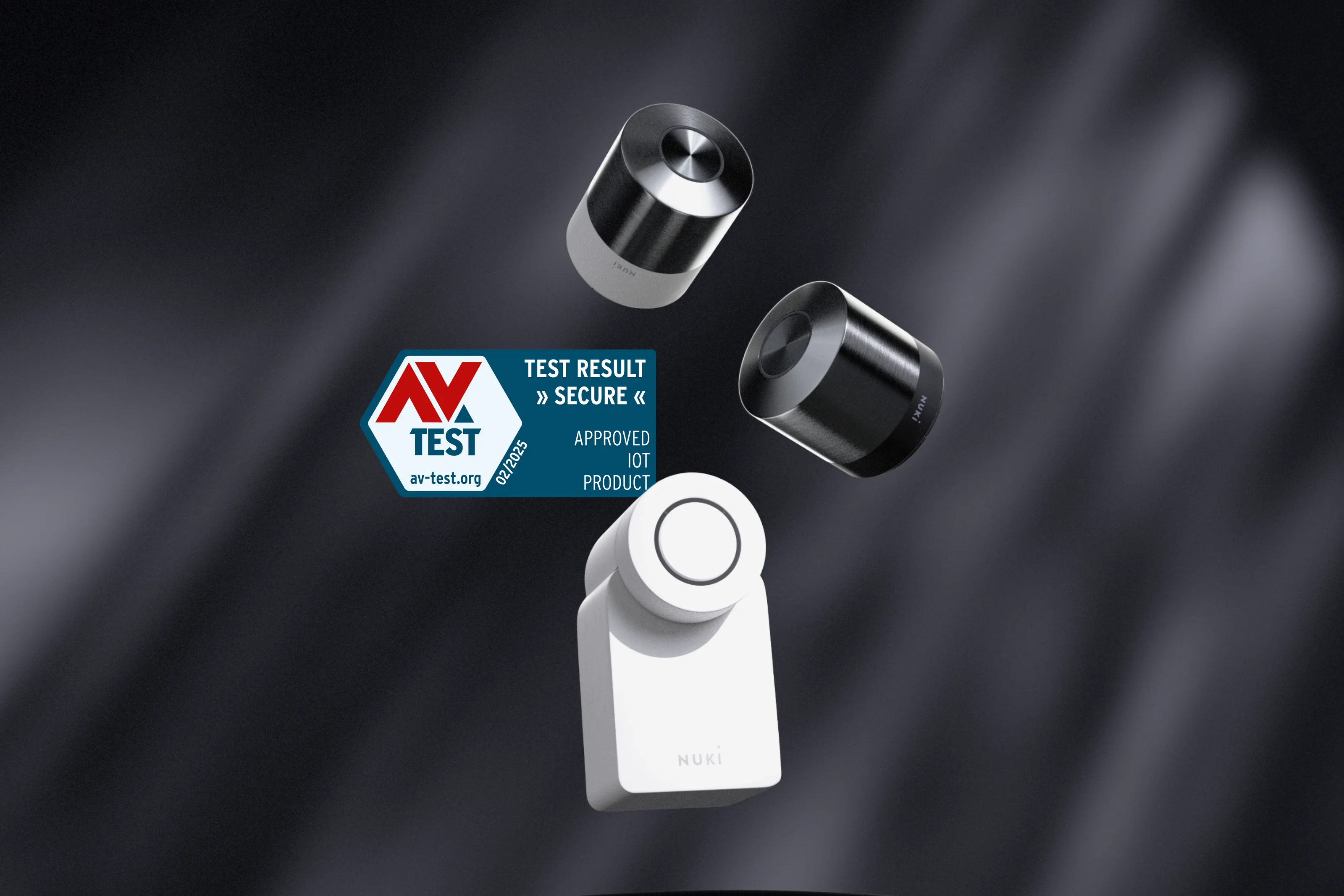 The new generation of Smart Locks with the AV-Test certificate in front of a black background.