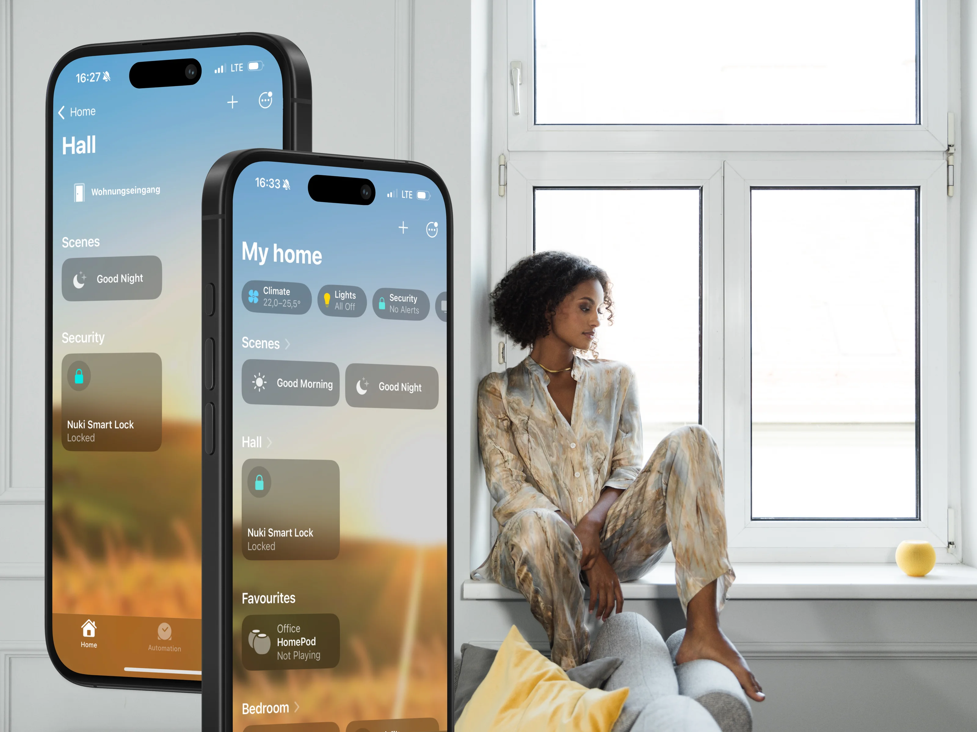 Woman sitting by the window while controlling her Nuki Smart Lock via the Apple Home app on her smartphone.