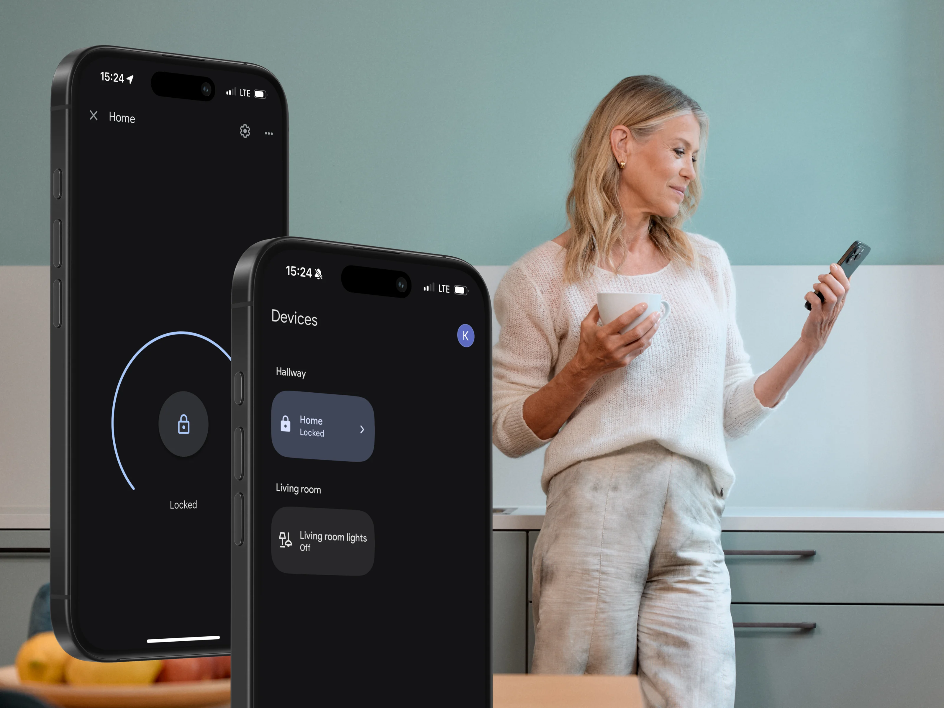 Woman in the kitchen checking her locked Nuki Smart Lock and smart lights via the Google Home app.