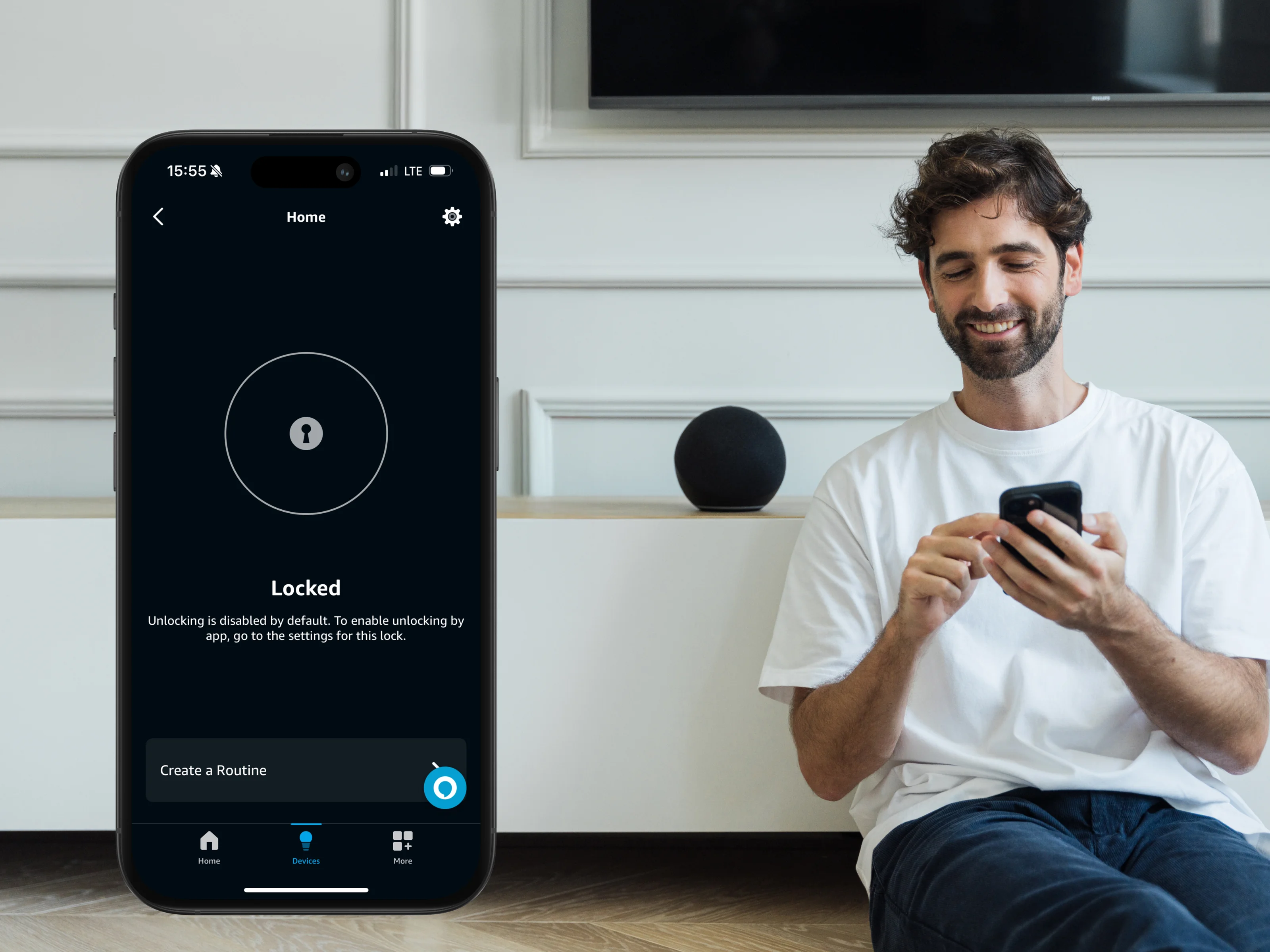 Man smiling while checking his locked Nuki Smart Lock via the Alexa app on his smartphone.
