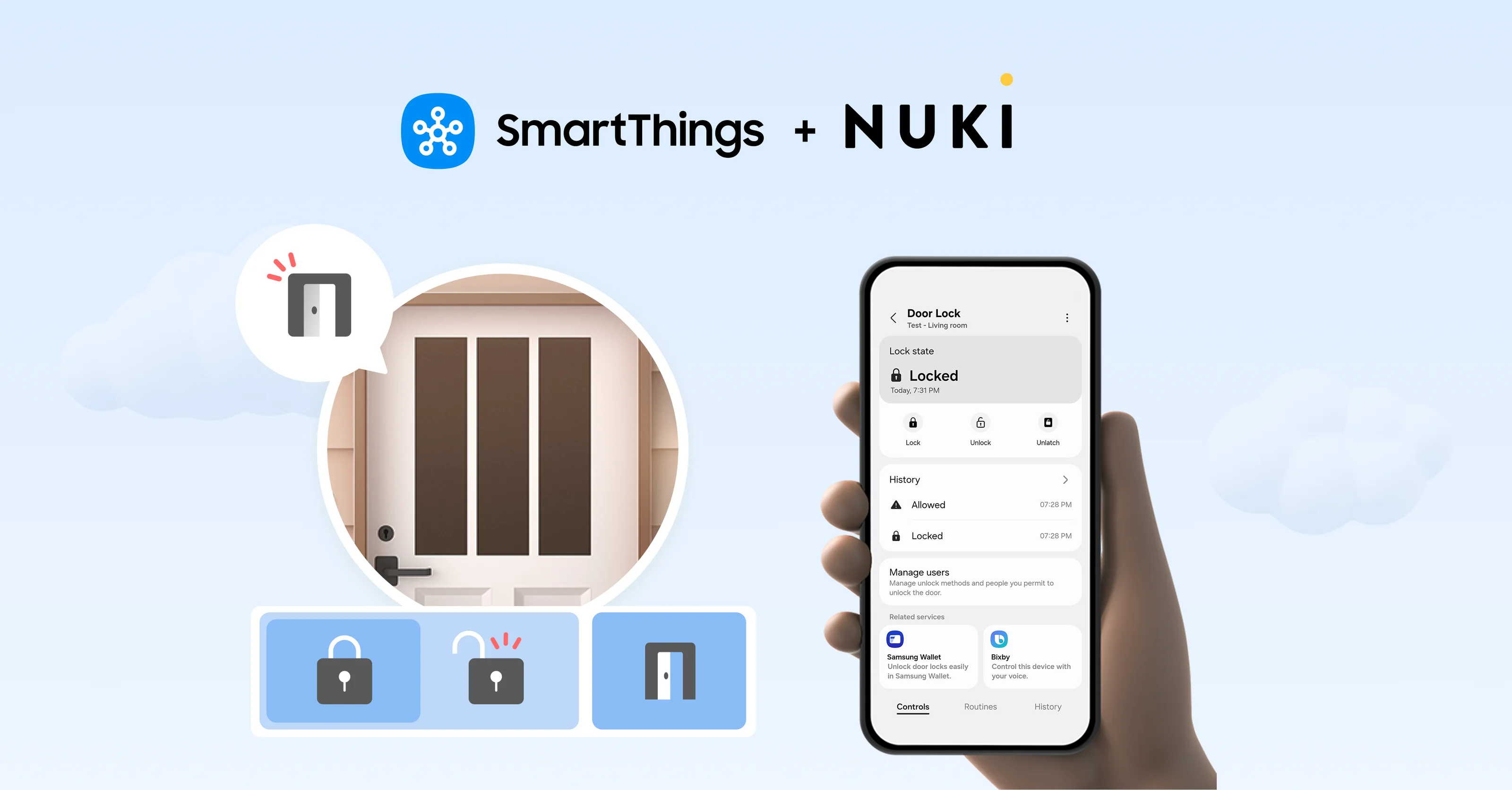 SmartThings and Nuki integration shown with door status and lock control via smartphone.