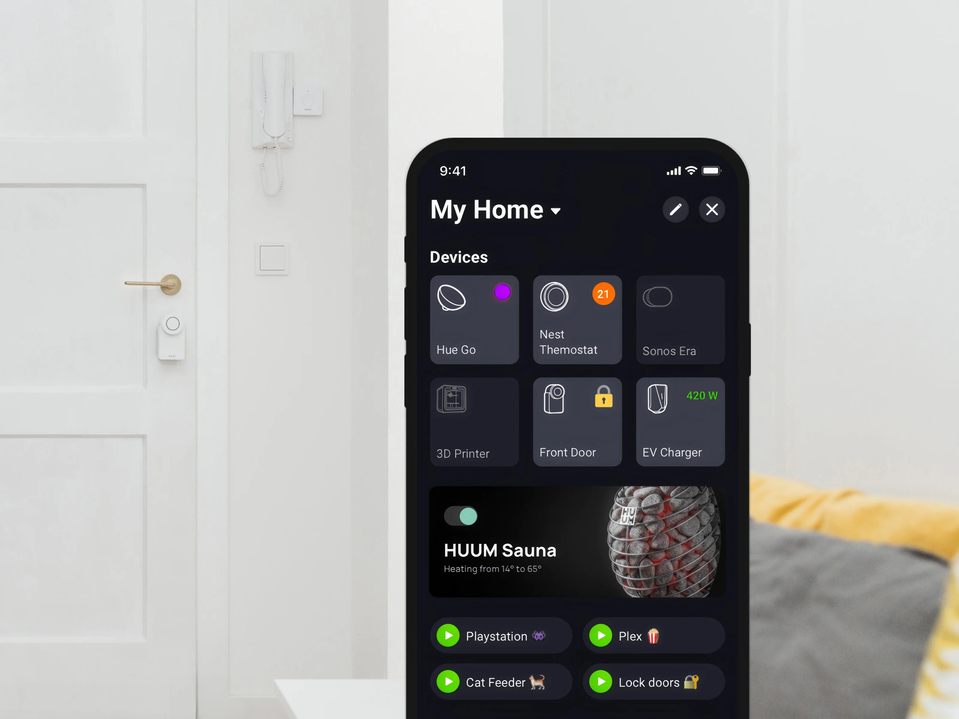 Smart home dashboard in the Homey app showing Nuki Smart Lock, sauna, EV charger, and more.